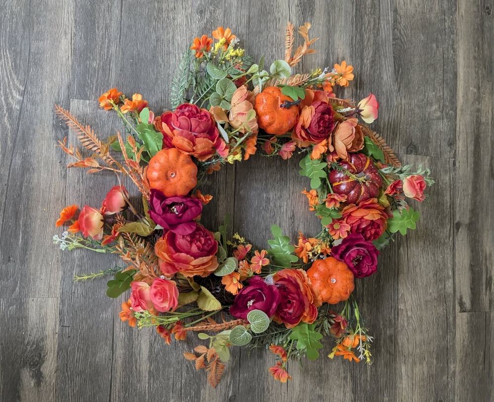Autumn Fall Floral Pumpkin Wreath Roses Halloween Thanksgiving Decor 20"
